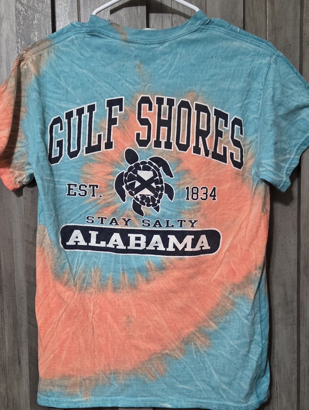 Adult Small Tie-Dye Gulf Shores Alabama Graphic T-Shirt orange/ blue Sea Turtle